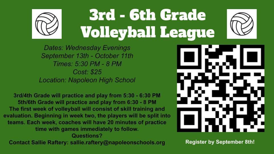 3rd-6th grade Volleyball League Sept 13th-Oct 11th