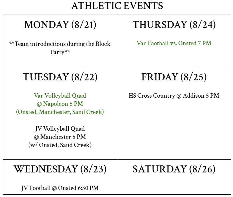 Athletic Events for the Week of 8/218/25 Napoleon Athletics