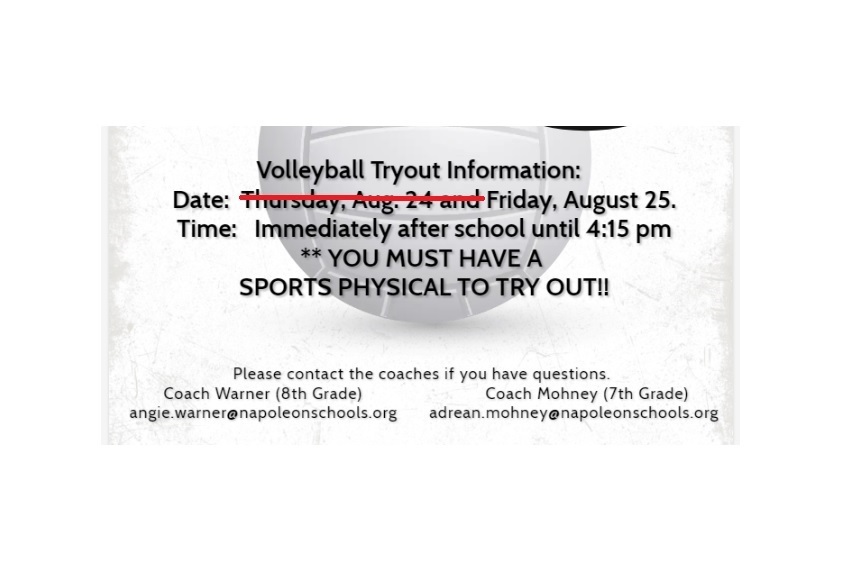 NMS 7th & 8th Grade Volleyball Tryouts Napoleon Middle School