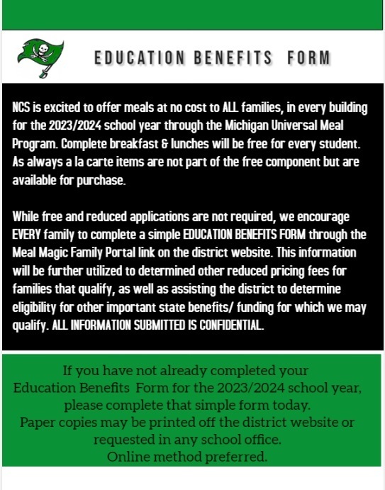 Education Benefits Form information for the 23/24 school year asking families to complete.